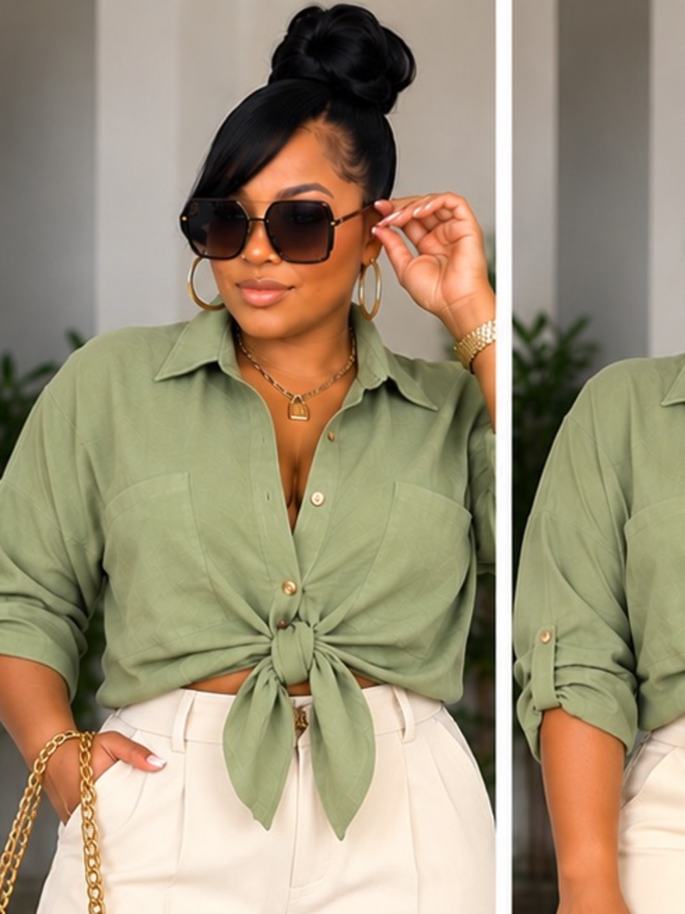 Notations Olive Green Tie-Front Shirt